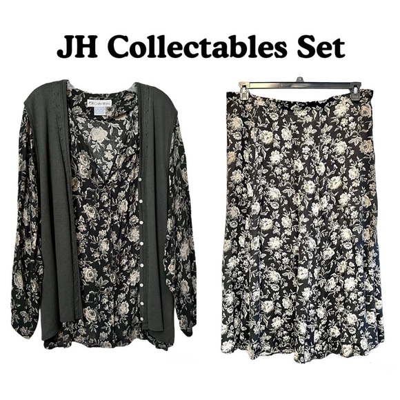 JH Collectables Black Floral Skirt Top and Sweater Vest Set Plus Size 22W - Picture 1 of 16